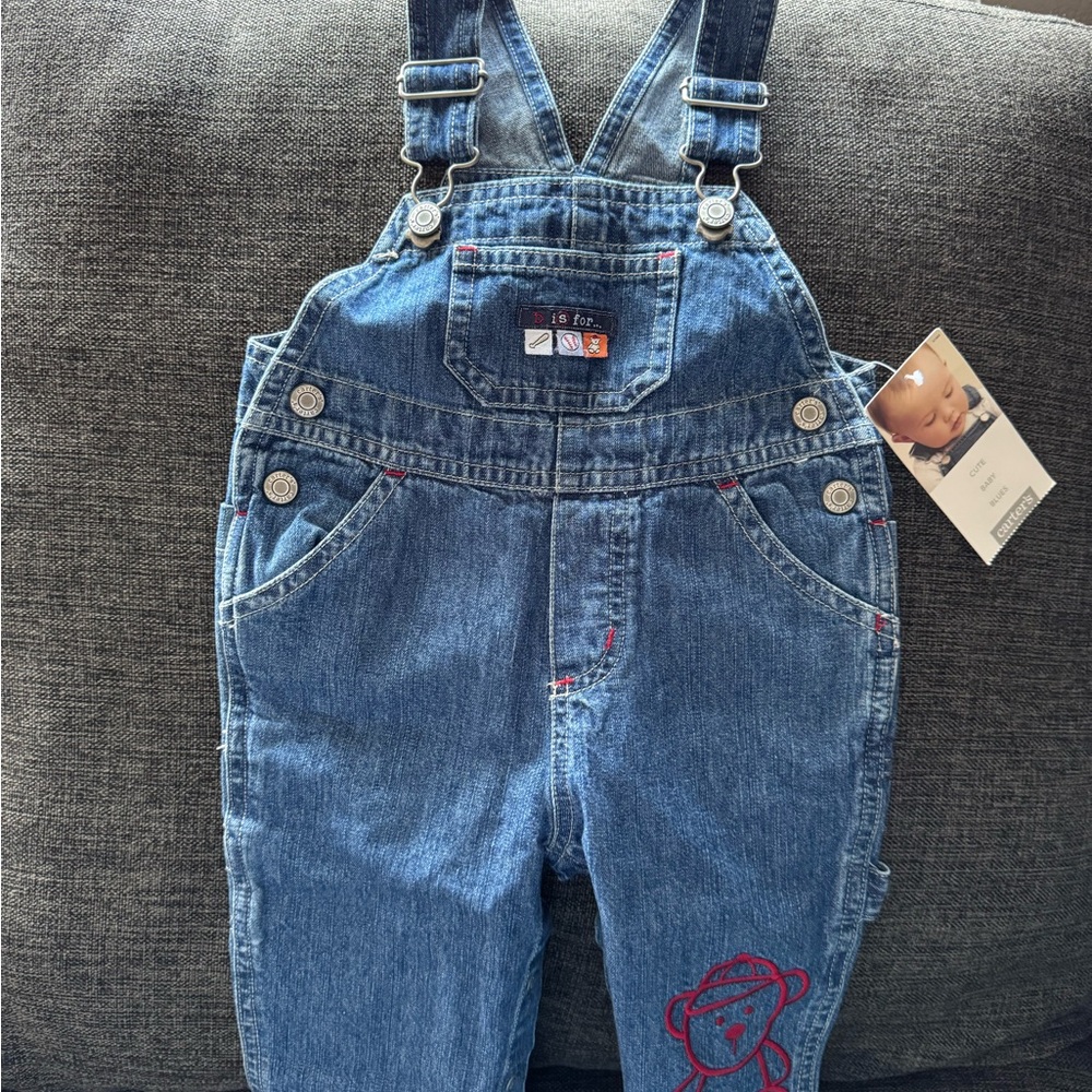 Blue Denim Overalls with Red Monkey Embroidery